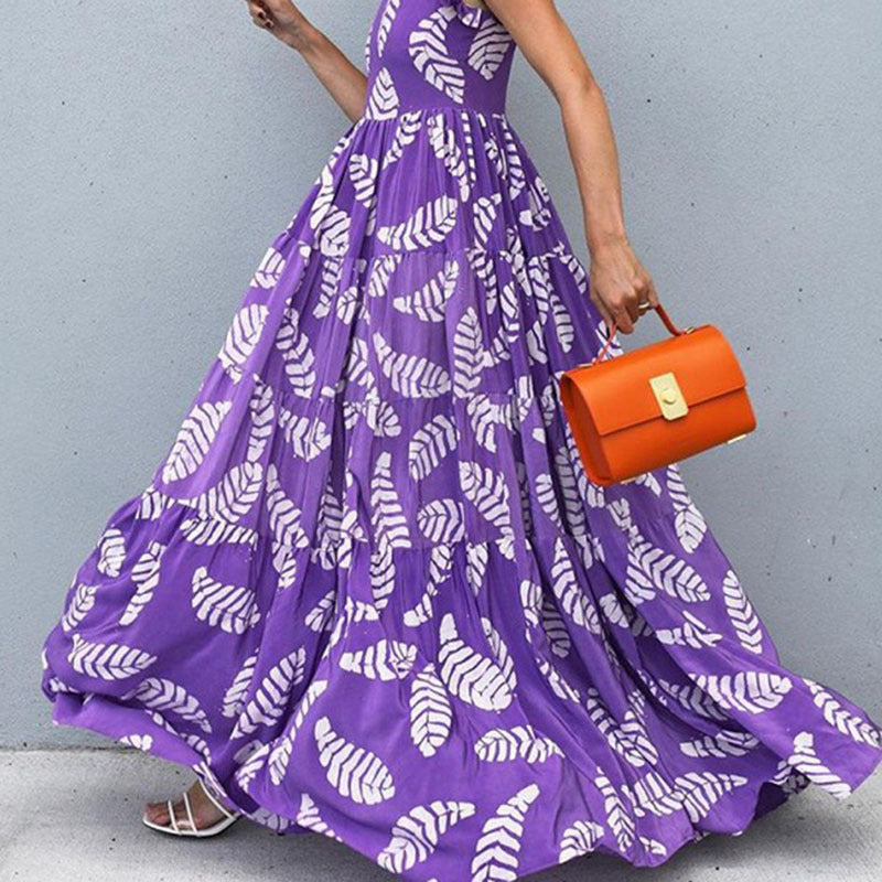 Robe longue femme – Coupe fluide – Sans manches – Volants – Imprimé fleuri