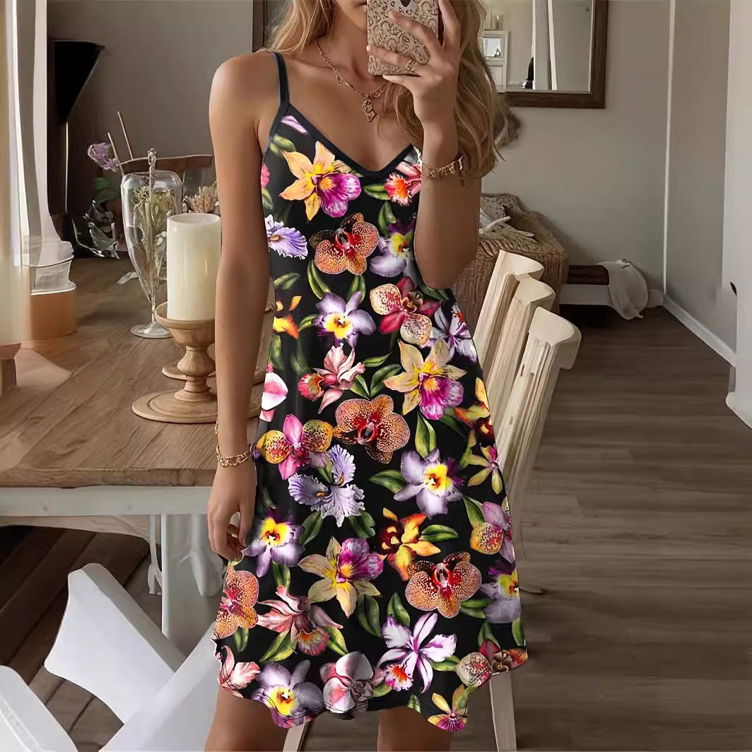 Robe courte femme – Coupe évasée – Bretelles fines – Col en V – Motif floral respirant