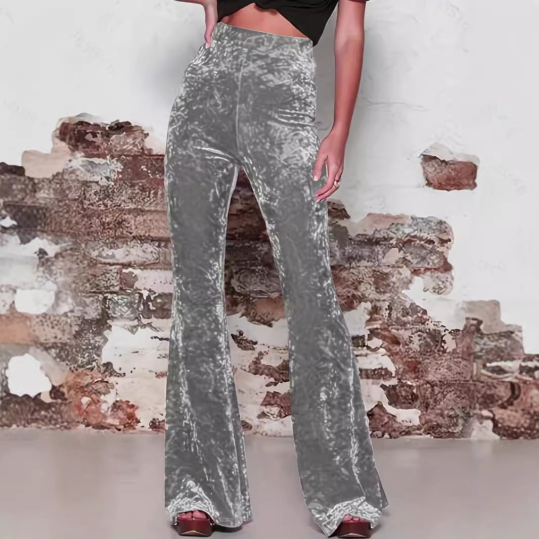 Pantalon évasé femme – Taille haute – Velours doux – Coupe ajustée – Longueur entière