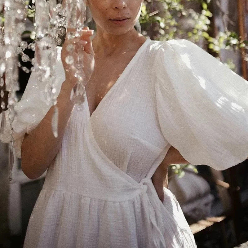Robe femme longue – Décolleté en V – Manches bouffantes – Texturé doux – Coupe fluide