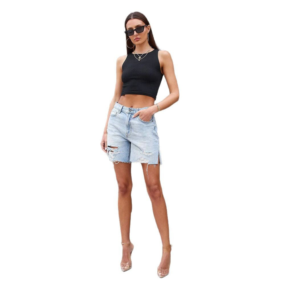 Short en jean femme – Coupe décontractée – Effet usé – Longueur genou – Fentes côtés