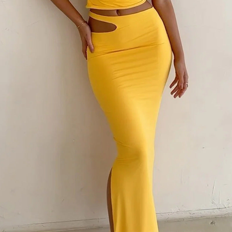 Ensemble Jupe Deux Pièces Femme – Coupe Slim – Haut Asymétrique – Jupe Midi Fendue