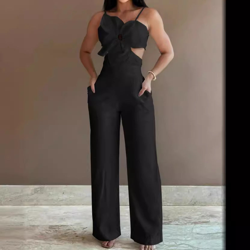 Combinaison pantalon femme – Dos nu – Tissu respirant – Jambes larges – Nœud devant