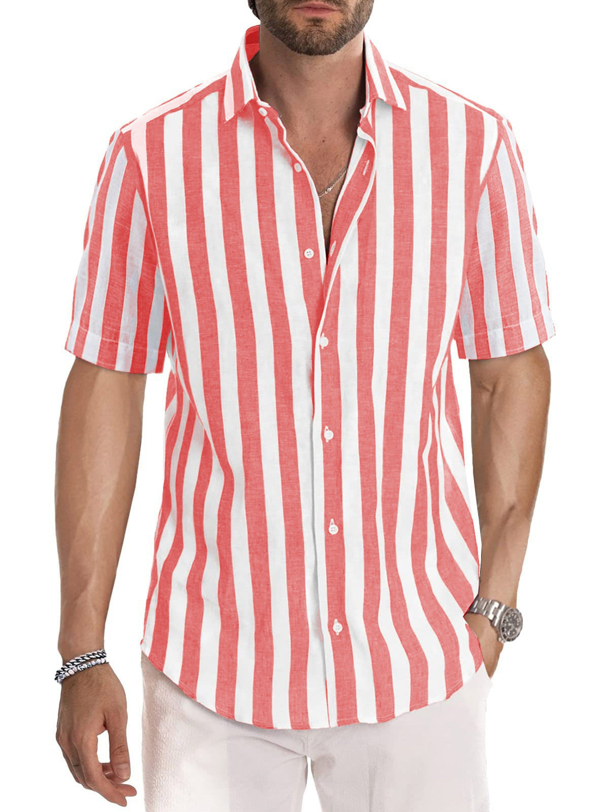 Chemise homme – Coupe décontractée – Manches courtes – Coton – Rayures verticales
