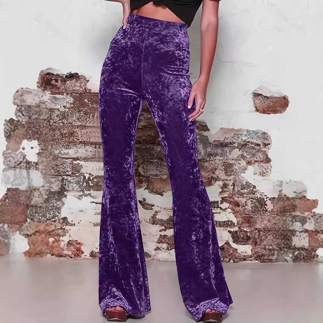 Pantalon évasé femme – Taille haute – Velours doux – Coupe ajustée – Longueur entière