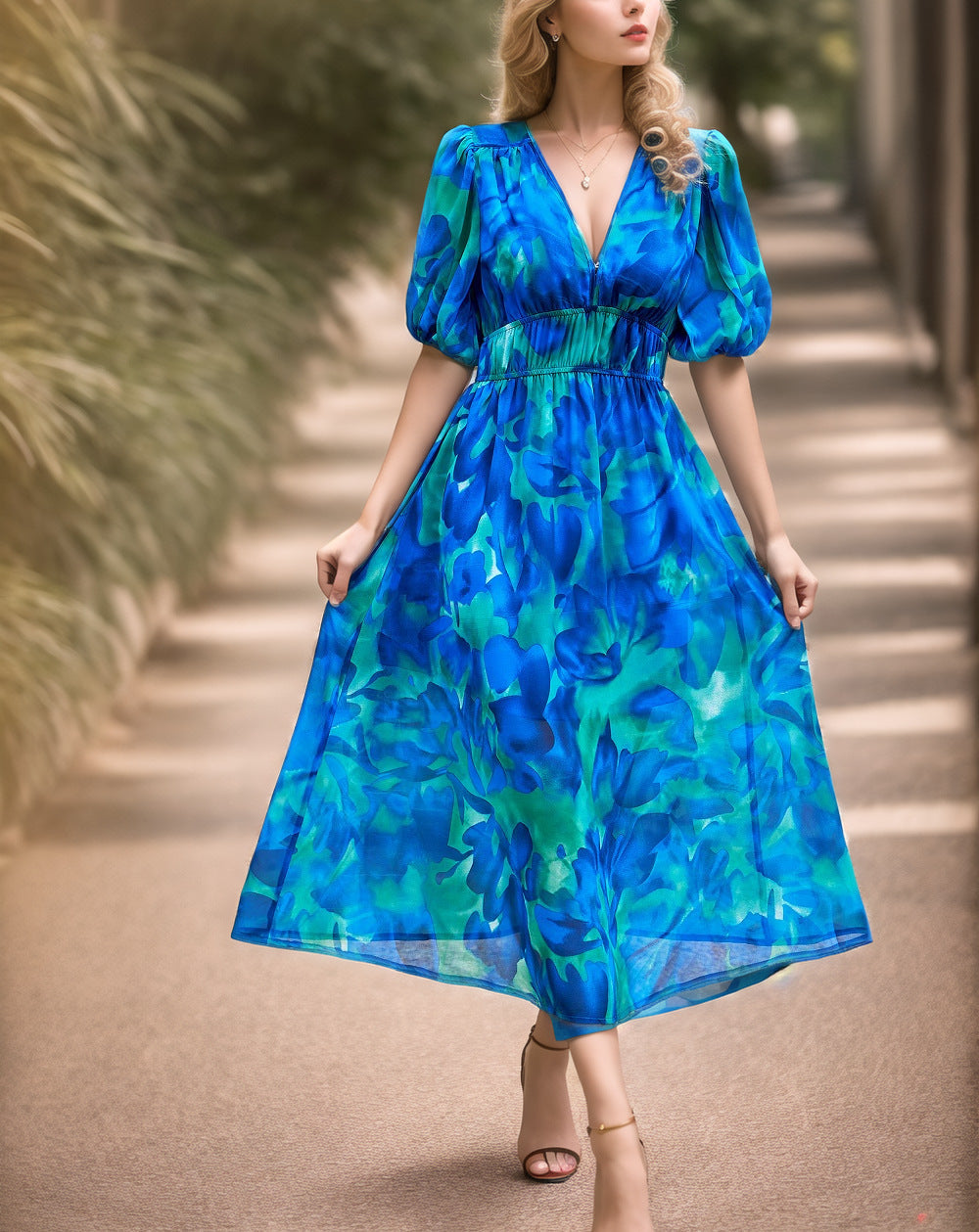 Robe midi femme – Imprimée – Col V – Manches bouffantes – Taille cintrée – Tissu respirant