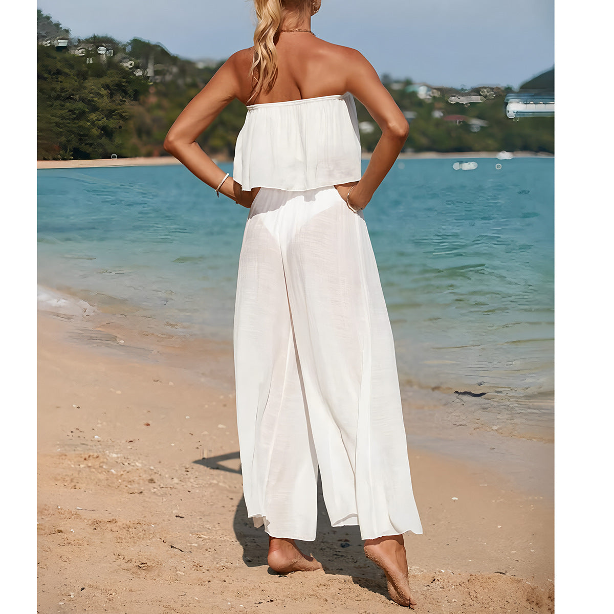 Ensemble Femme Deux Pièces – Haut Sans Bretelles – Pantalon Large Taille Haute – Tissu Léger Respirant
