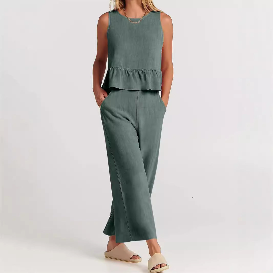 Ensemble 2 pièces pour femmes - Top court sans manches - Pantalon large à taille élastique - Coupe décontractée