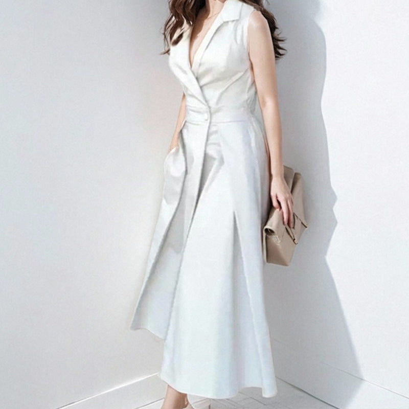 Robe midi femme – Sans manches – Col tailleur – Tissu fluide respirant – Coupe évasée
