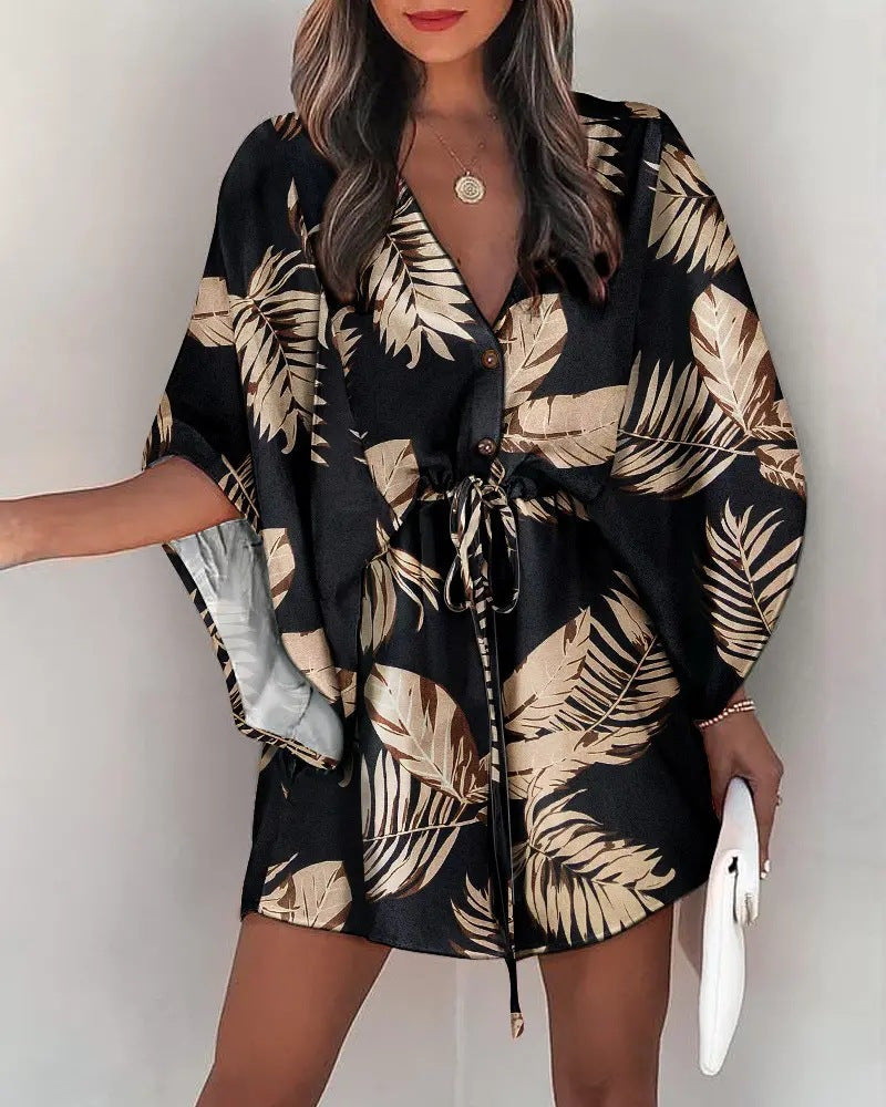 Robe femme décontractée – Coupe fluide – Mini longueur – Manches volantées – Taille à nouer