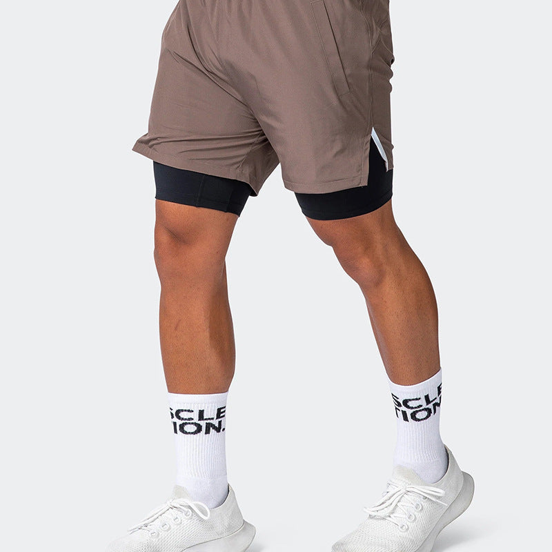 Short de sport homme – Coupe slim – Double couche – Respirant – Soutien extensible