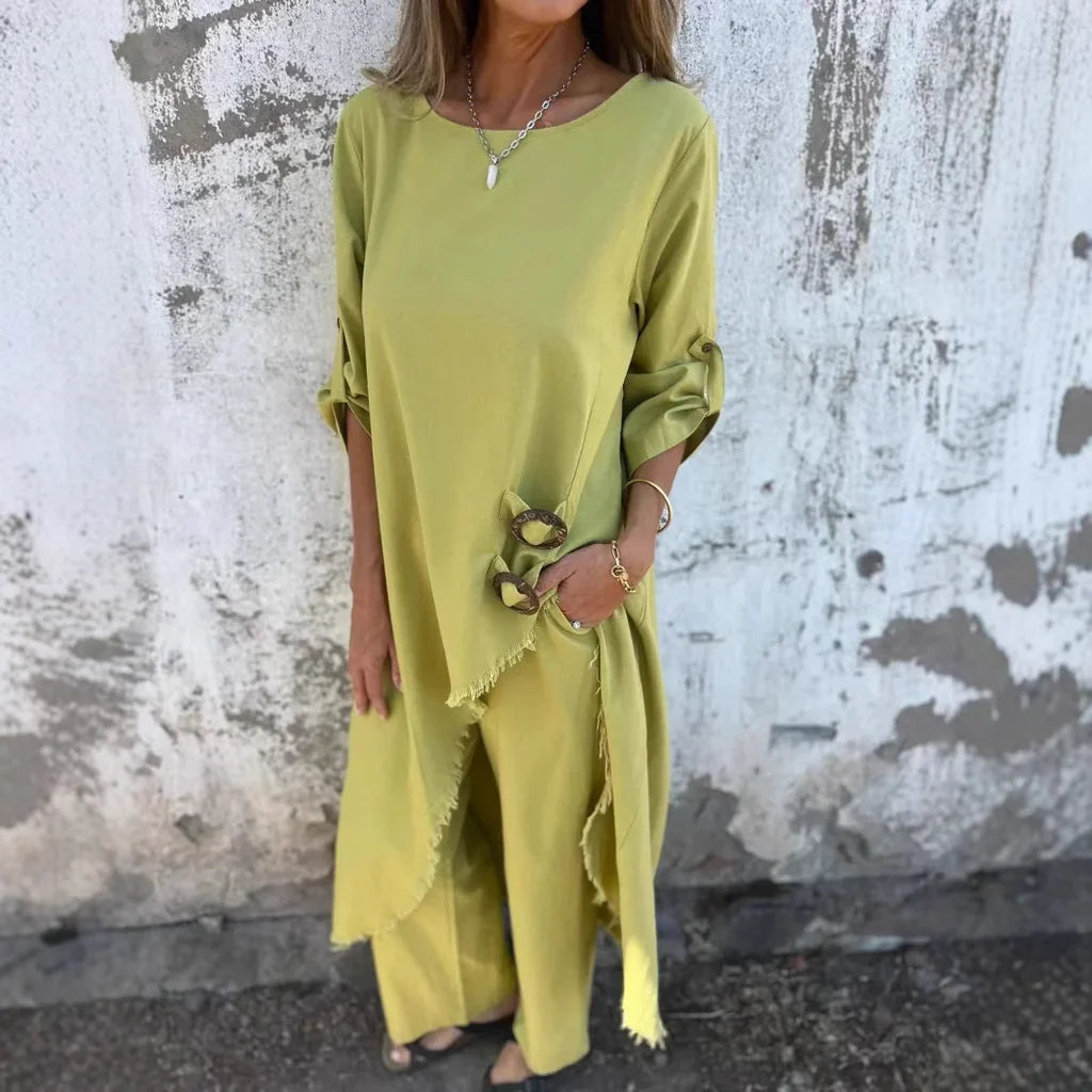 Robe femme – Coupe oversize – Longue – Manches longues – Tissu doux façon coton – Boutons côté