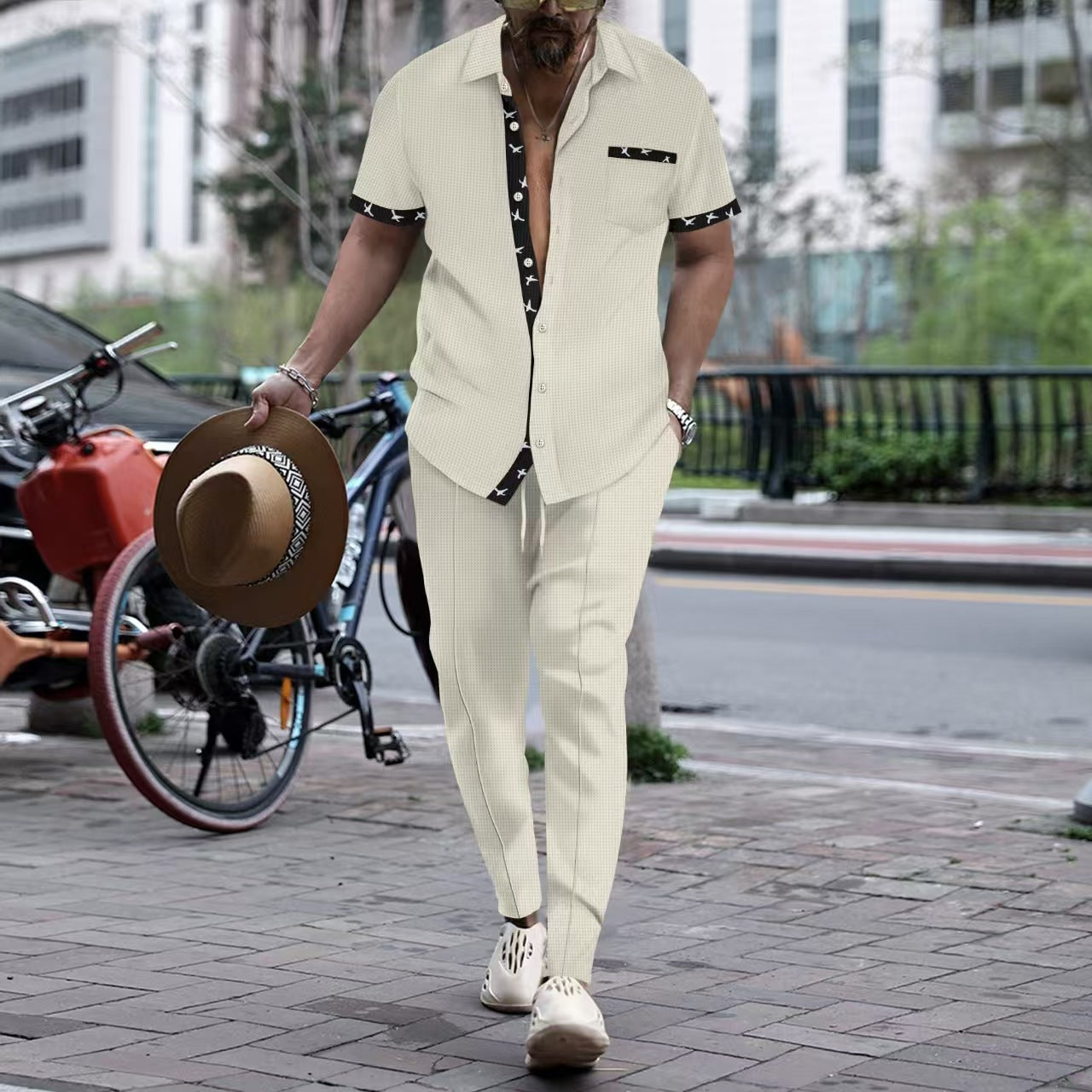 Ensemble deux pièces pour homme – Coupe ample – Coton – Manches courtes – Pantalon à jambe droite – Finitions élégantes