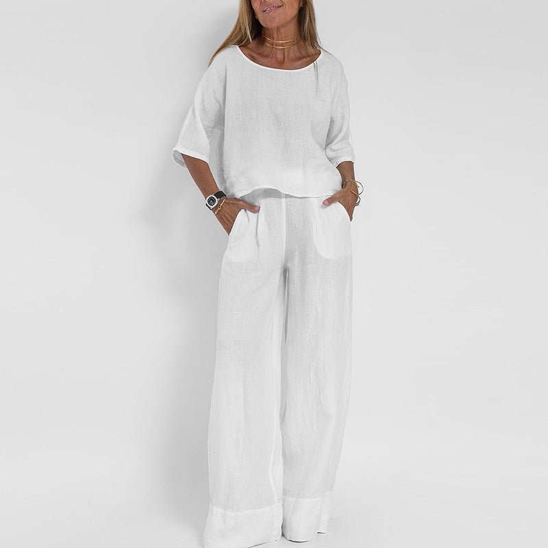 Ensemble femme deux pièces – Lin mélangé – Coupe ample – T-shirt manches courtes & pantalon large