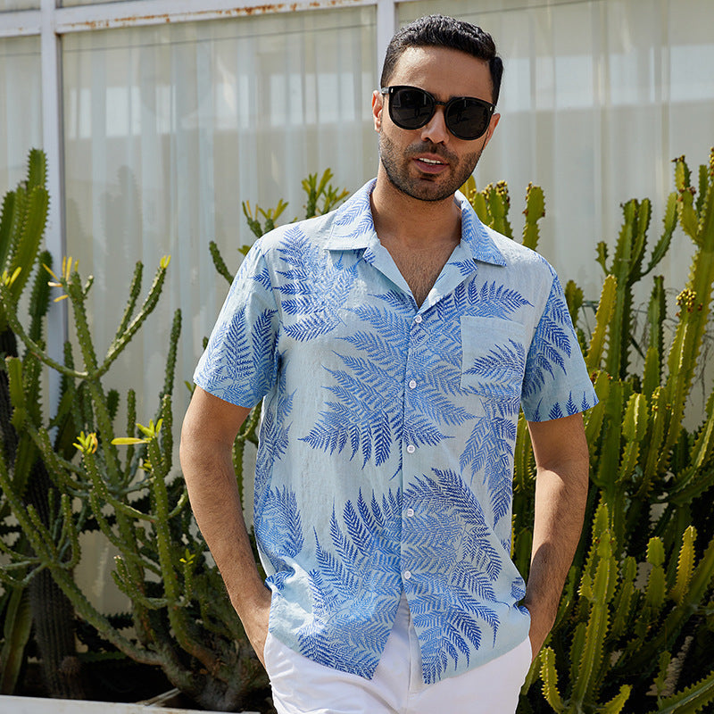 Chemise à manches courtes homme – Coupe décontractée – Tissu respirant – Motif feuillage