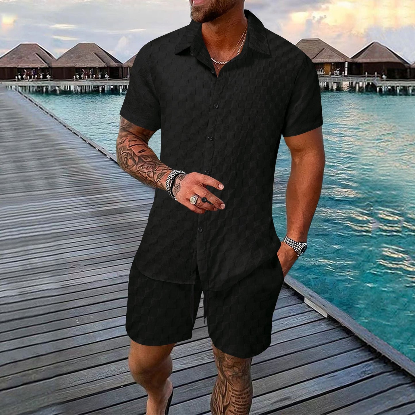 Ensemble homme deux pièces – Jacquard léger – Coupe décontractée – Chemise col à revers