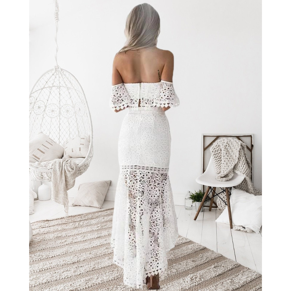 Ensemble Deux Pièces Femme – Dentelle – Coupe Slim – Bustier Épaules Dénudées – Jupe Midi Asymétrique