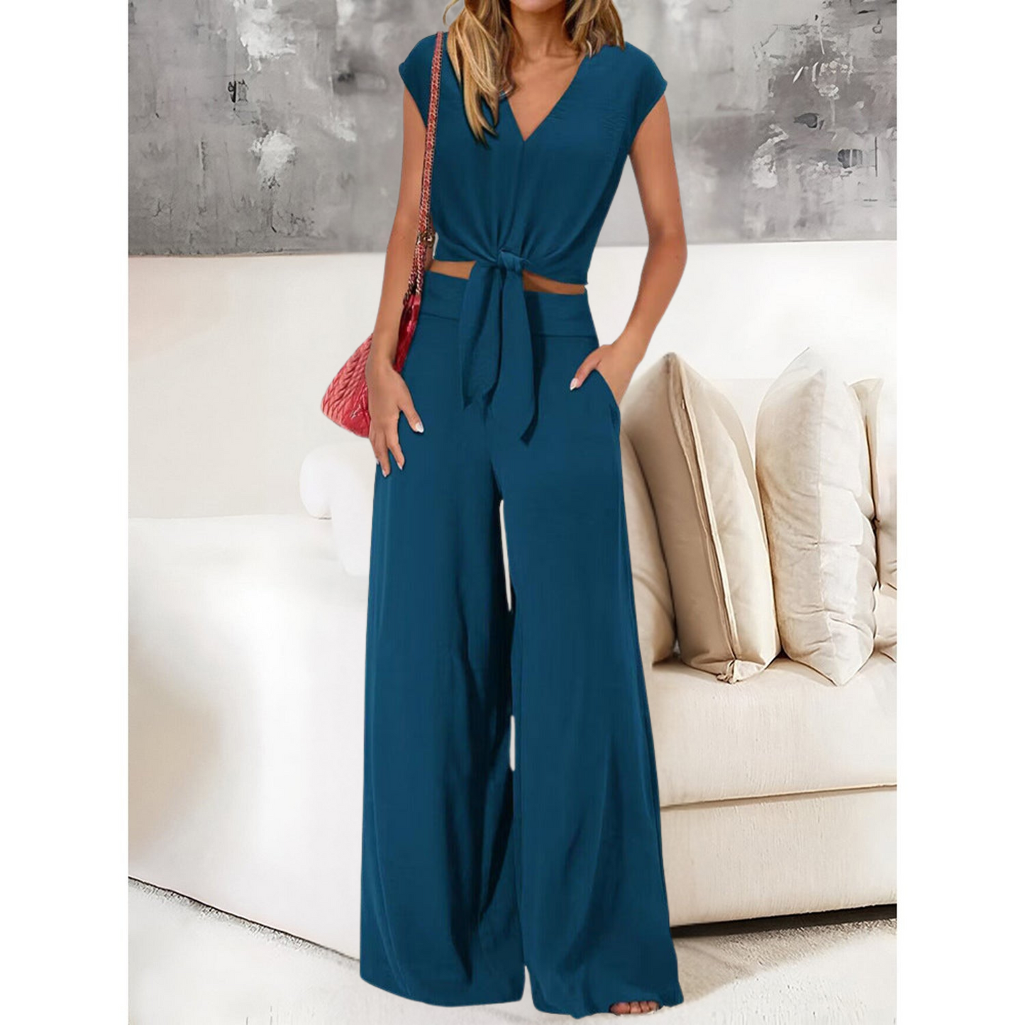 Women's 2-piece set – Cropped tie-front V-neck top – High-waisted wide-leg pants