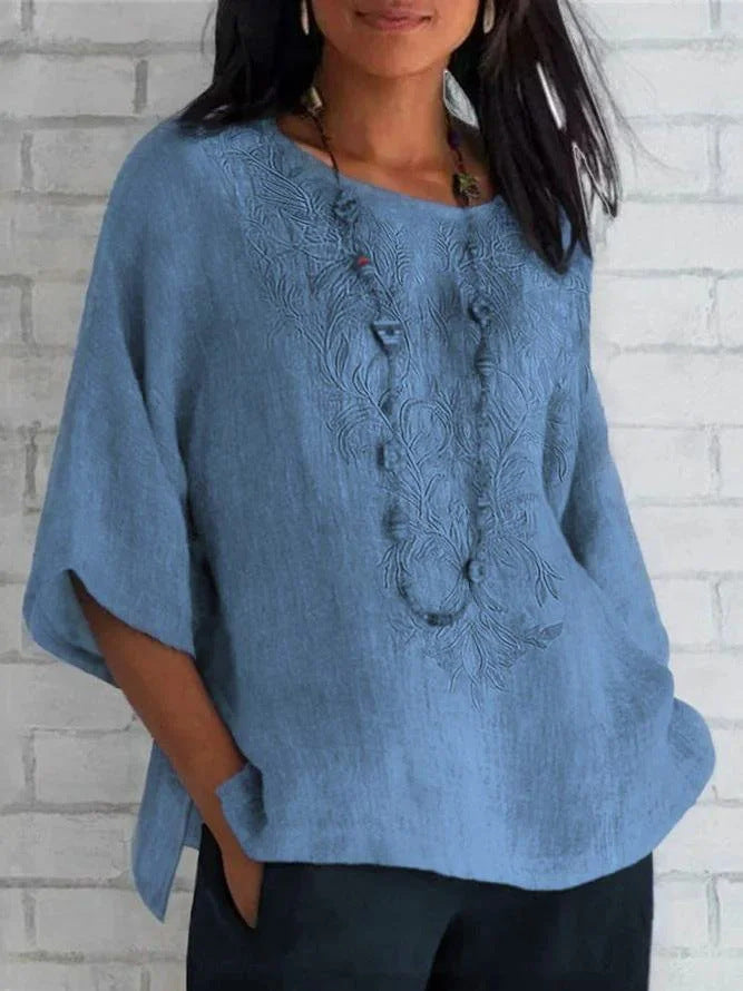 Blouse femme – Coupe décontractée – Manches courtes – Devant brodé – Fibres naturelles