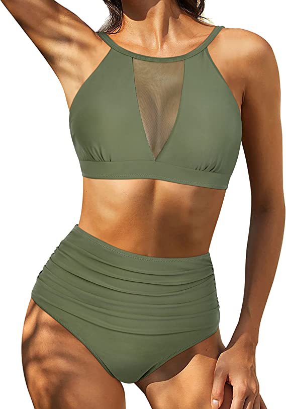 Bikini femme – Taille haute – Haut lacé à col halter – Détail ajouré – Tissu respirant