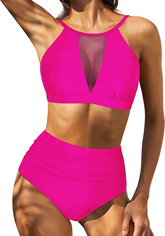 Bikini femme – Taille haute – Haut lacé à col halter – Détail ajouré – Tissu respirant