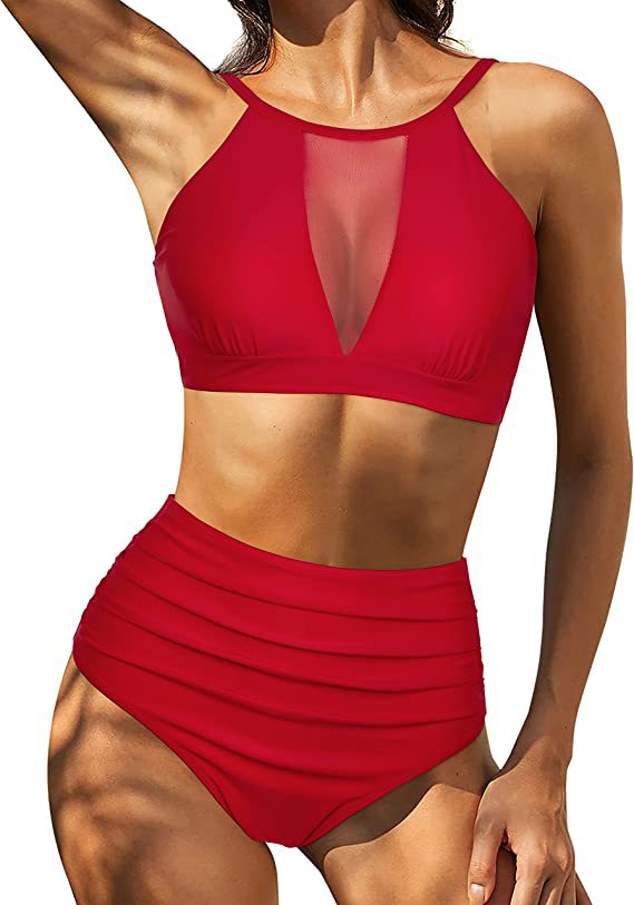 Bikini femme – Taille haute – Haut lacé à col halter – Détail ajouré – Tissu respirant