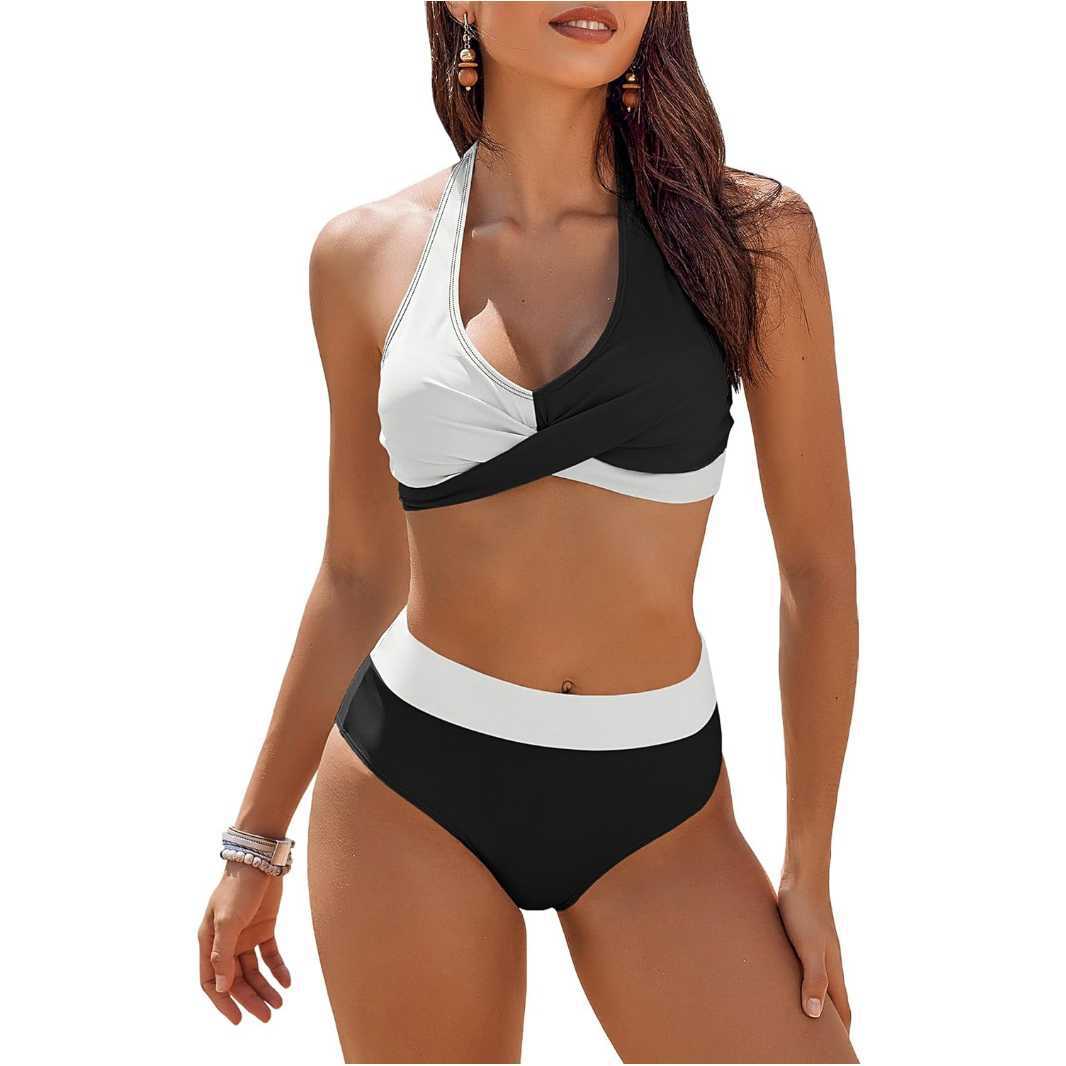 Bikini femme – Haut push-up noué nuque – Taille haute – Coupe moulante respirante