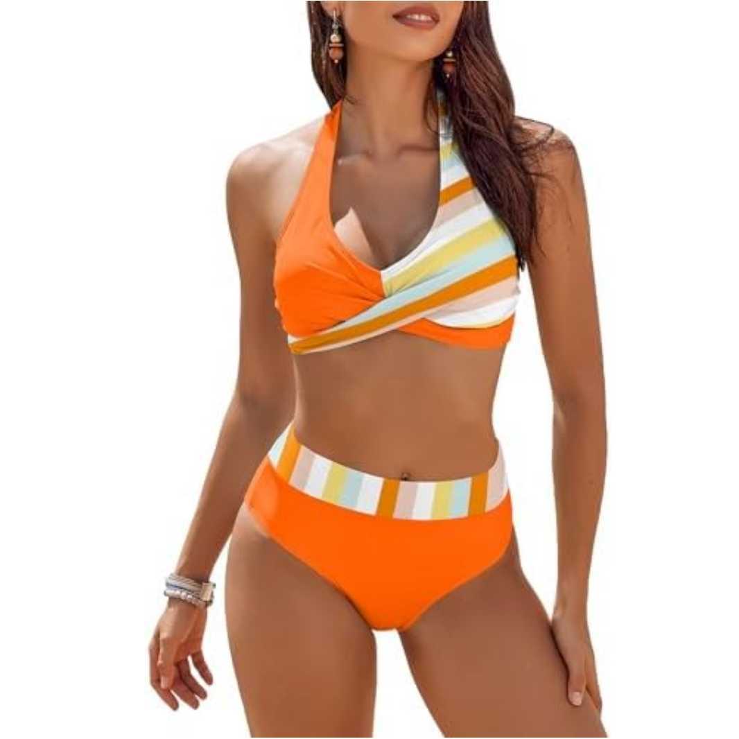 Bikini femme – Haut push-up noué nuque – Taille haute – Coupe moulante respirante