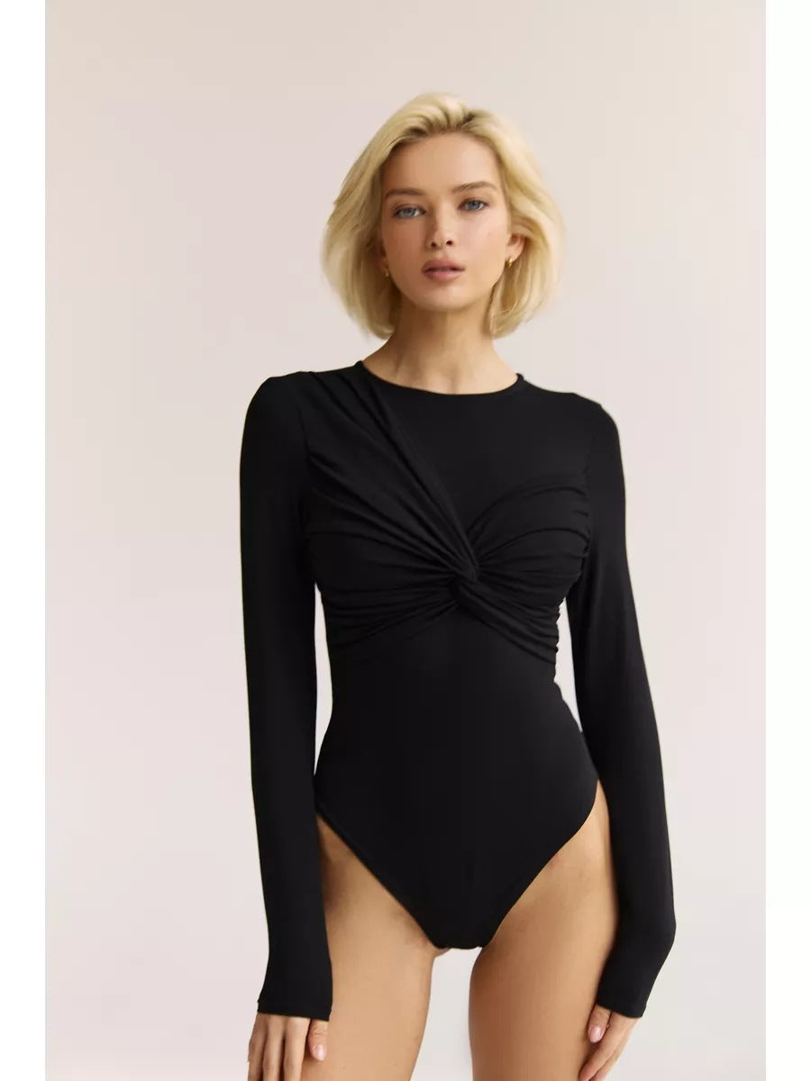 Women's bodysuit – Slim fit – Soft stretch fabric – Elegant ruched front – Long sleeves