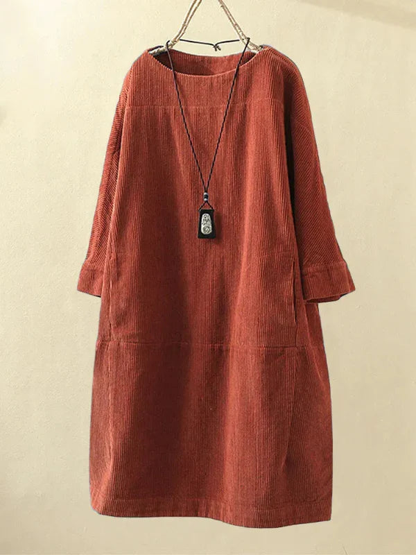 Robe femme – Coupe ample – Mi-longue – Velours côtelé – Manches 3/4 – Col rond