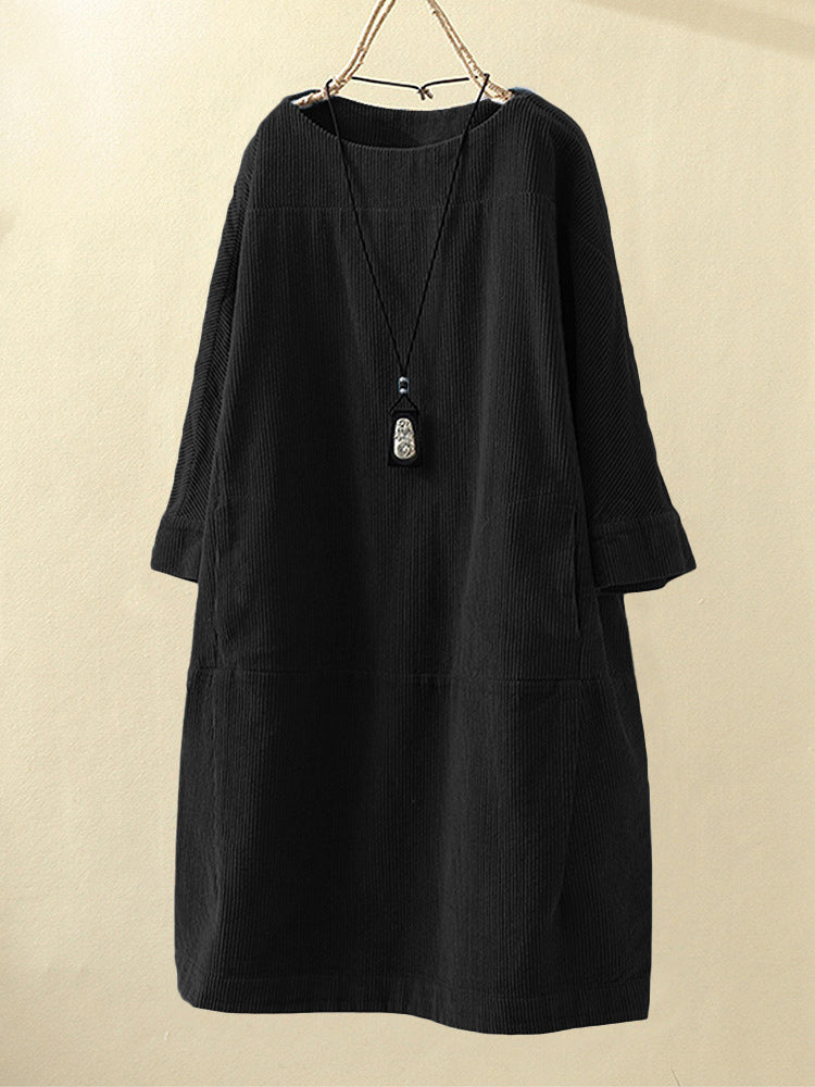Robe femme – Coupe ample – Mi-longue – Velours côtelé – Manches 3/4 – Col rond
