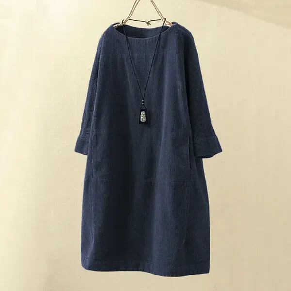 Robe femme – Coupe ample – Mi-longue – Velours côtelé – Manches 3/4 – Col rond