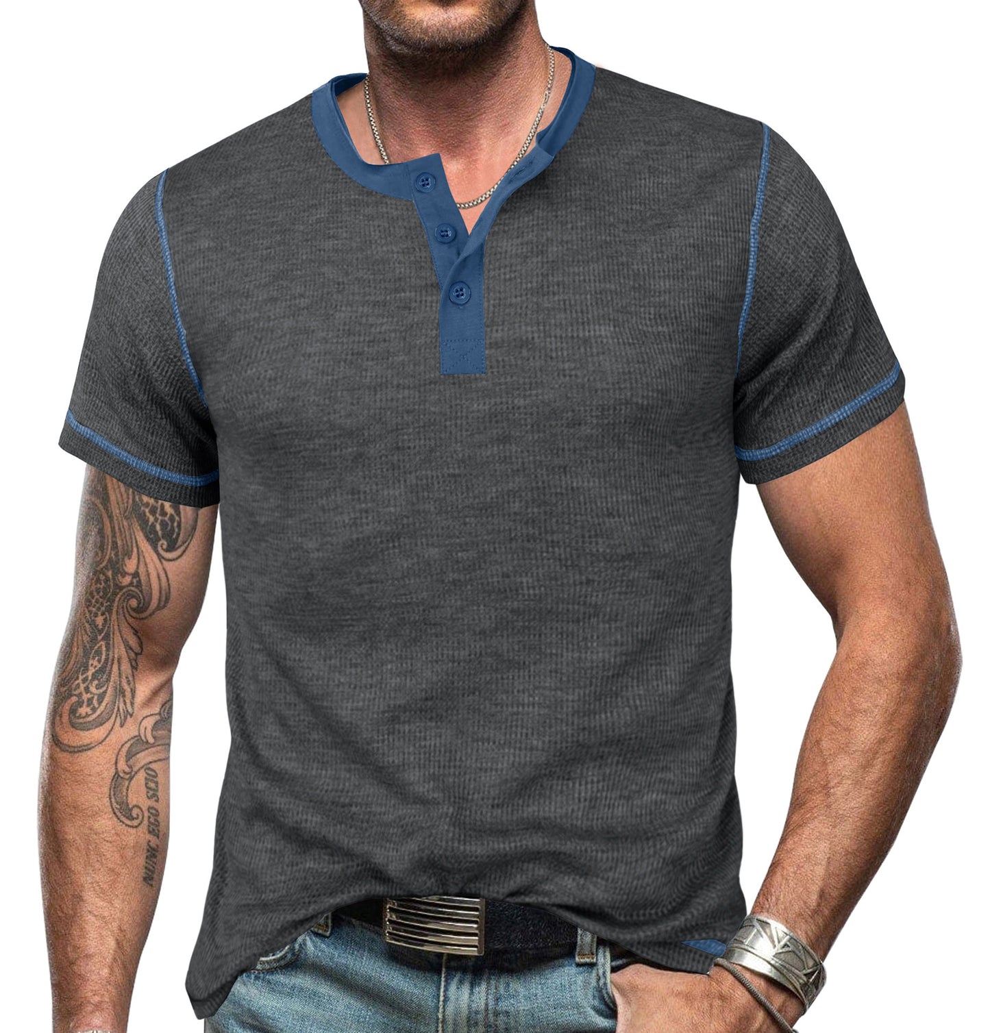 T-shirt Henley homme – Coupe slim – Coton – Manches courtes casual