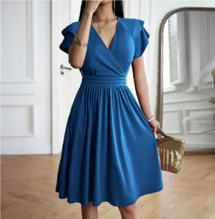 Robe midi femme – Tissu fluide respirant – Manches papillon – Coupe évasée élégante