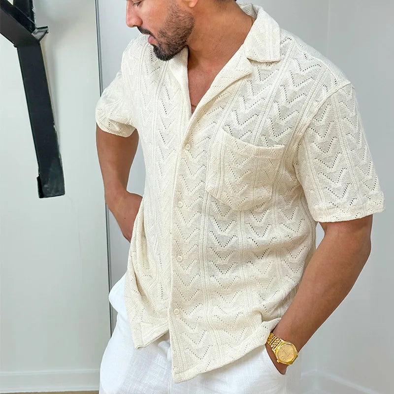 Chemise homme en maille – Coupe décontractée – Manches courtes – Col casual – Poche poitrine