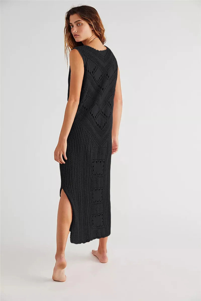 Robe femme midi – Coupe décontractée – Maille aérée – Fente côté – Col en V