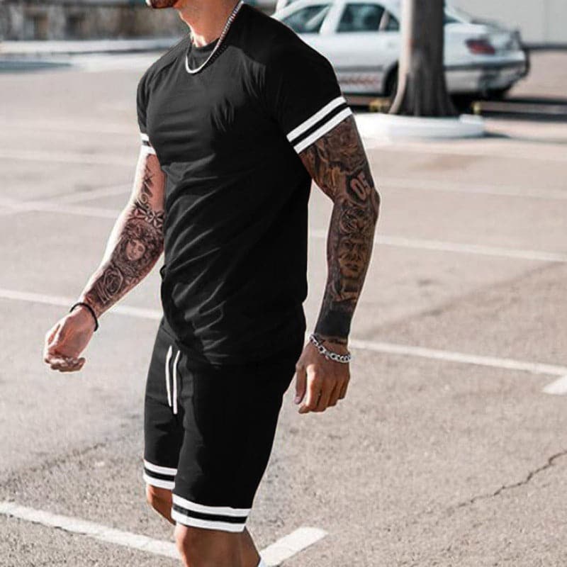 Ensemble de sport homme – Coupe slim – Tissu extensible respirant – Haut manches courtes & short