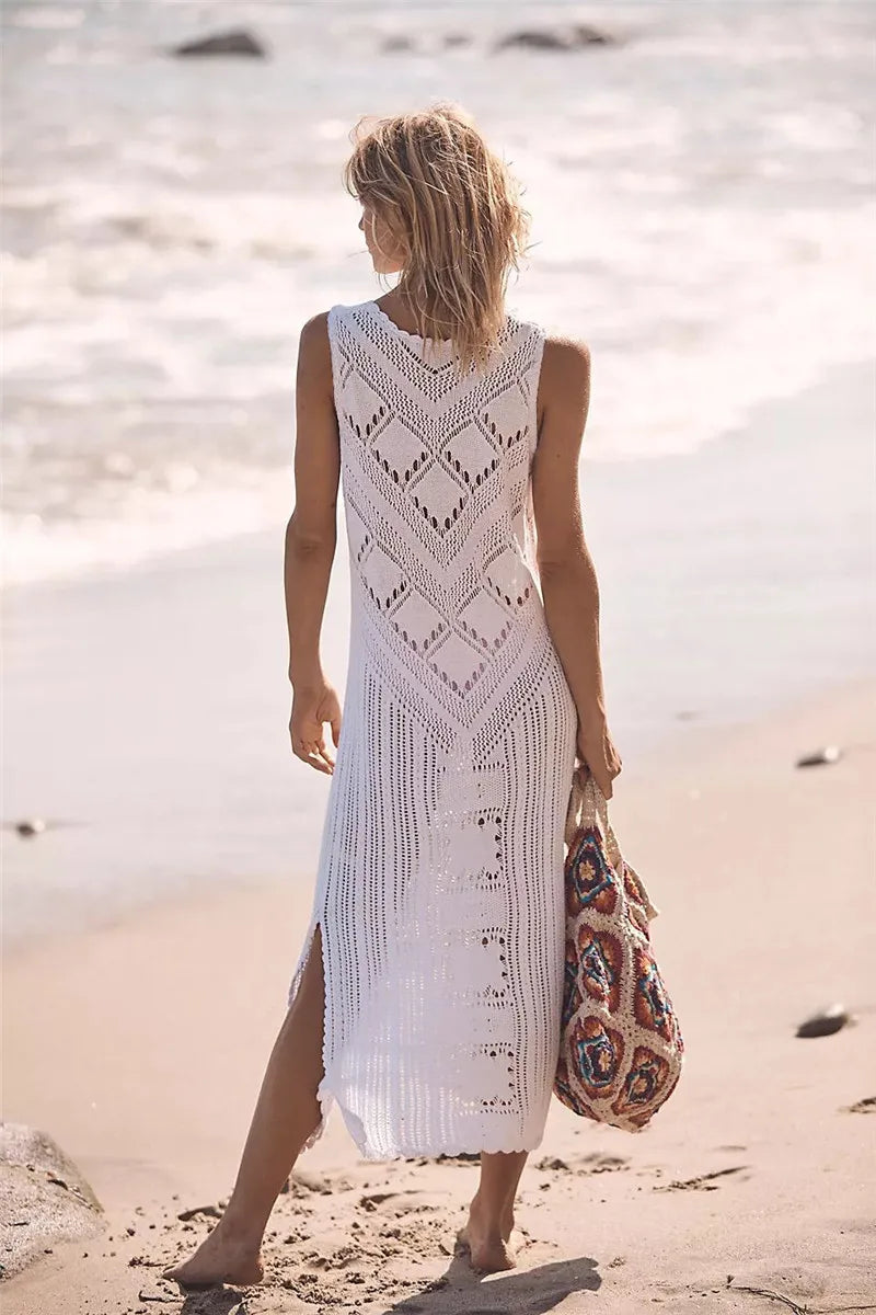 Robe femme midi – Coupe décontractée – Maille aérée – Fente côté – Col en V