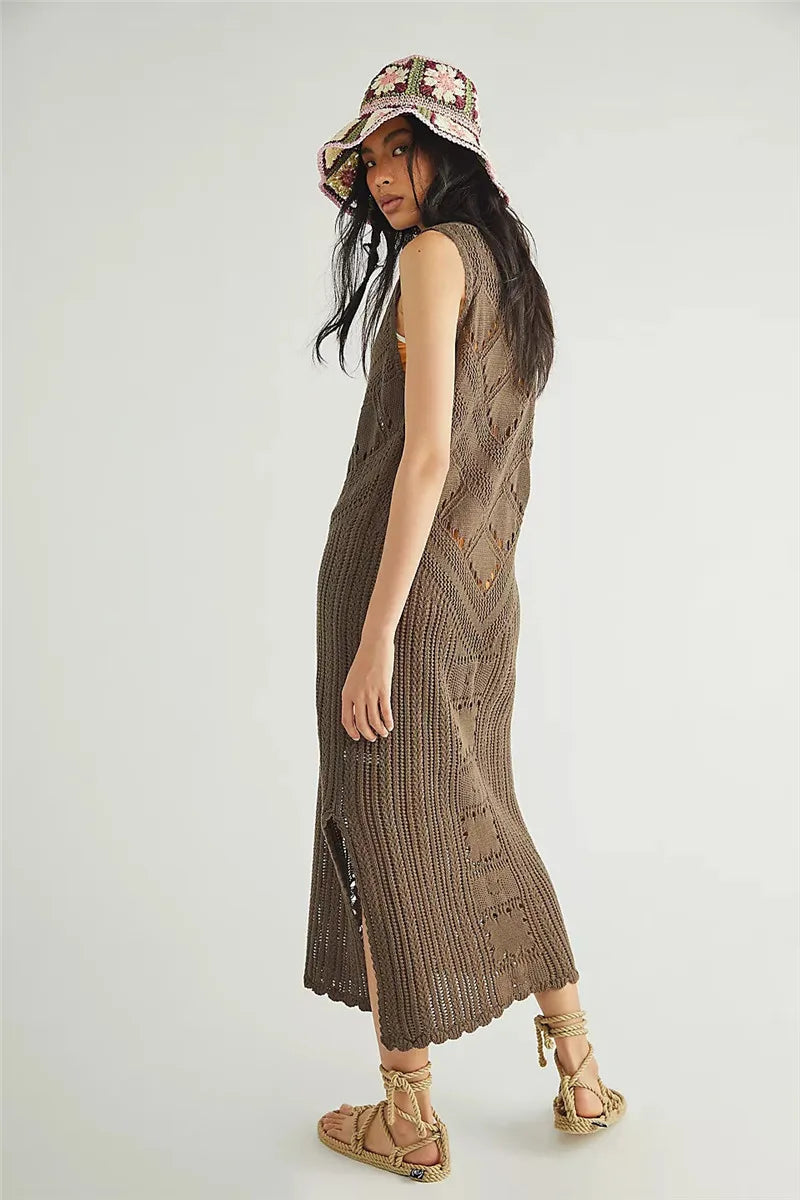 Robe femme midi – Coupe décontractée – Maille aérée – Fente côté – Col en V