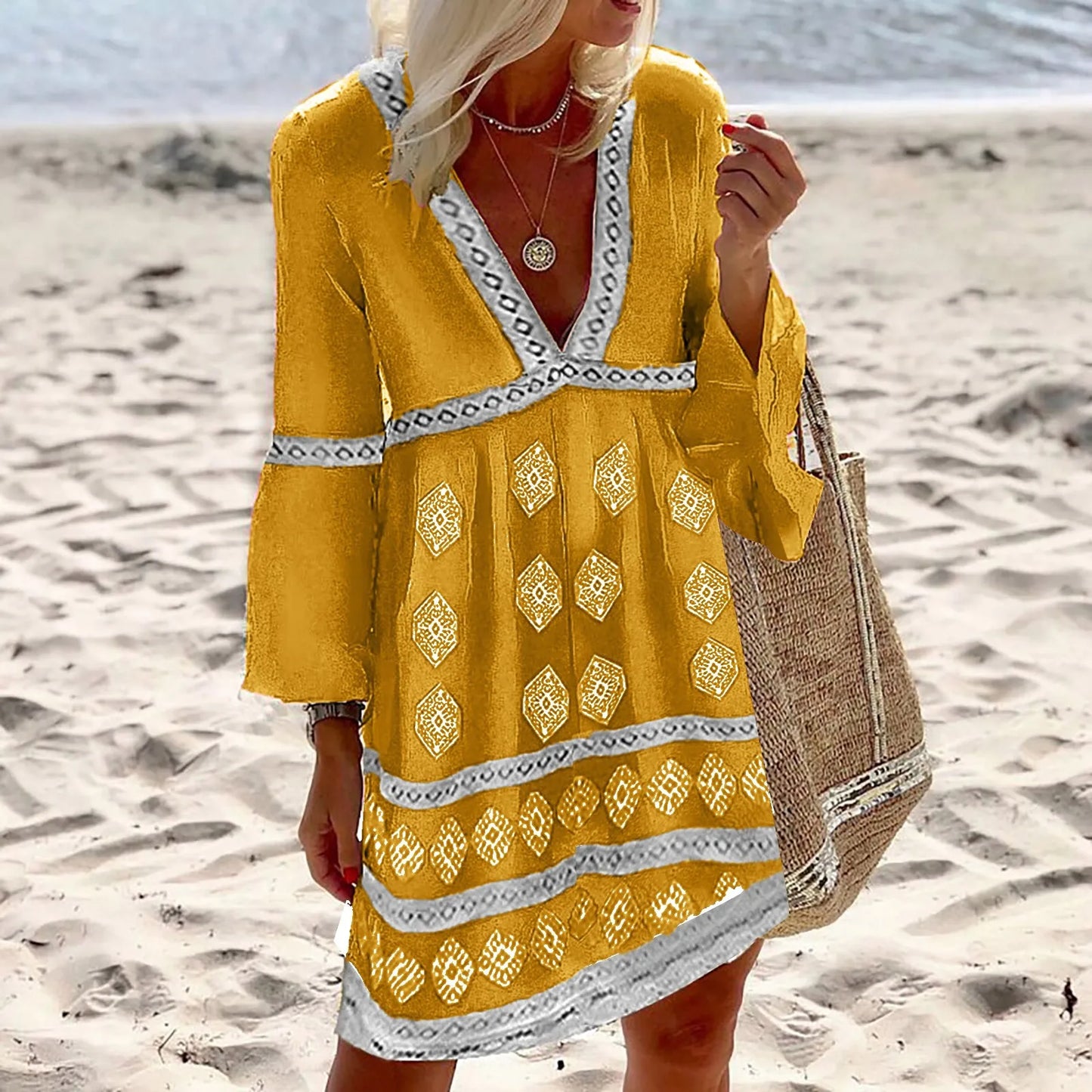 Robe femme mi-longue – Coupe fluide – Manches chauve-souris – Décolleté en V – Tissu respirant