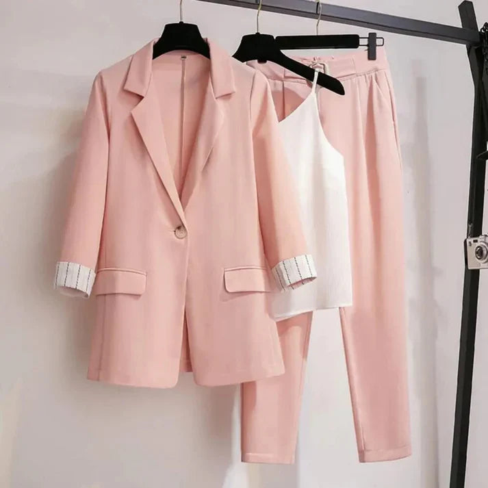 Ensemble blazer pour femme – Coupe structurée – Revers cranté – Fermeture un bouton – Poignets retroussés
