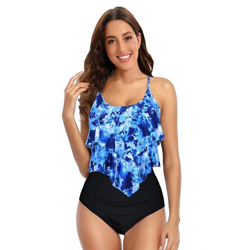 Ensemble de bikinis pour femmes – Coupe couvrante – Haut à volants – Bas taille haute