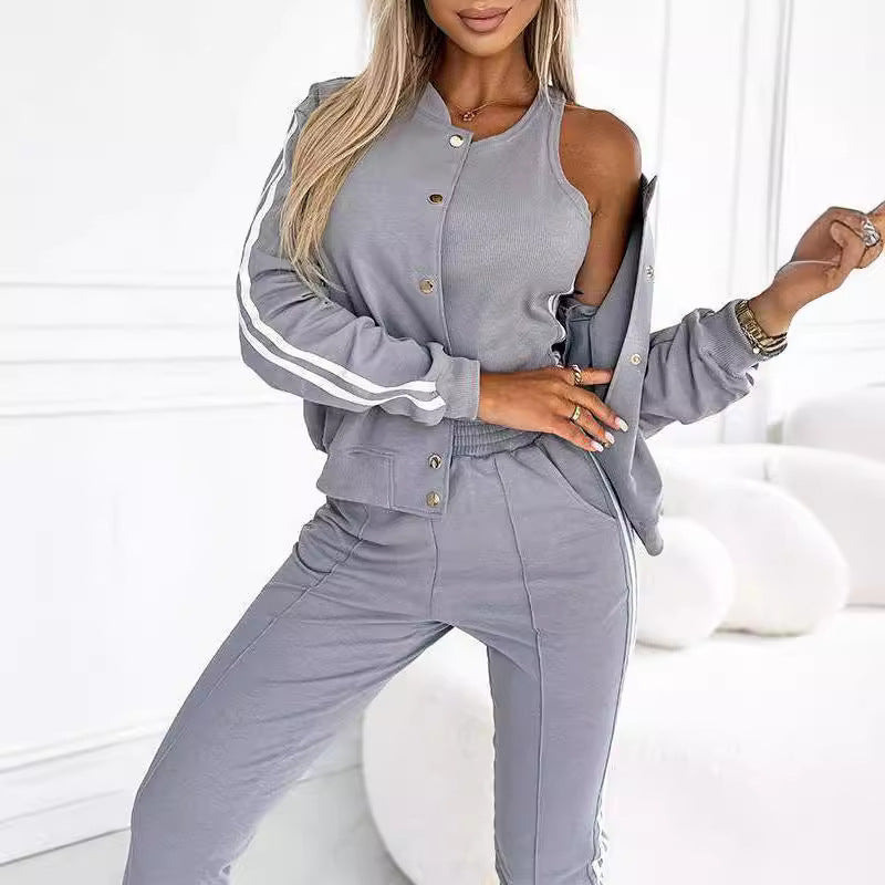 Femme Veste Sport-Chic - Coton Respirant - Coupe Relax - Bandes Contrastantes - Bordures Côtelées