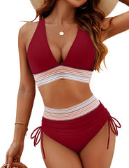 Bikini femme – Taille haute gainante – Haut triangle ajustable – Liens réglables