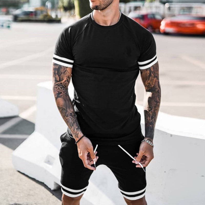 Ensemble de sport homme – Coupe slim – Tissu extensible respirant – Haut manches courtes & short