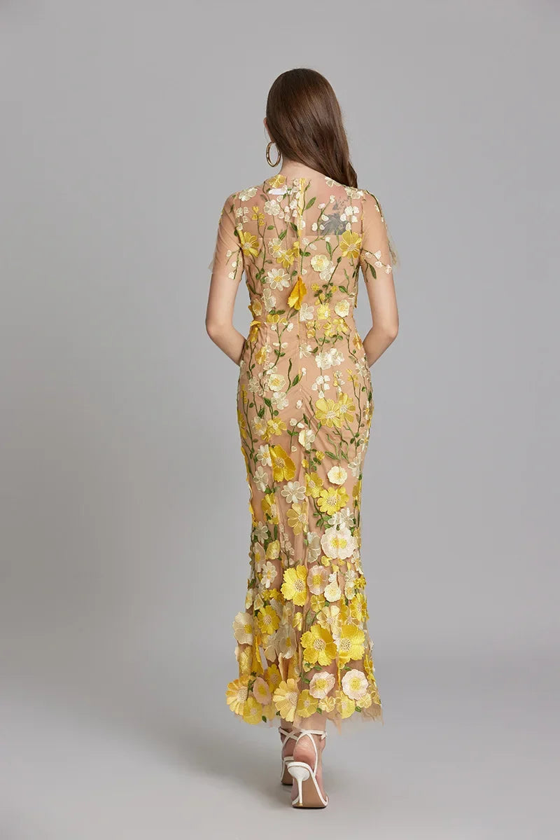 Robe longue femme – Tissu mesh brodé – Coupe ajustée – Col montant transparent