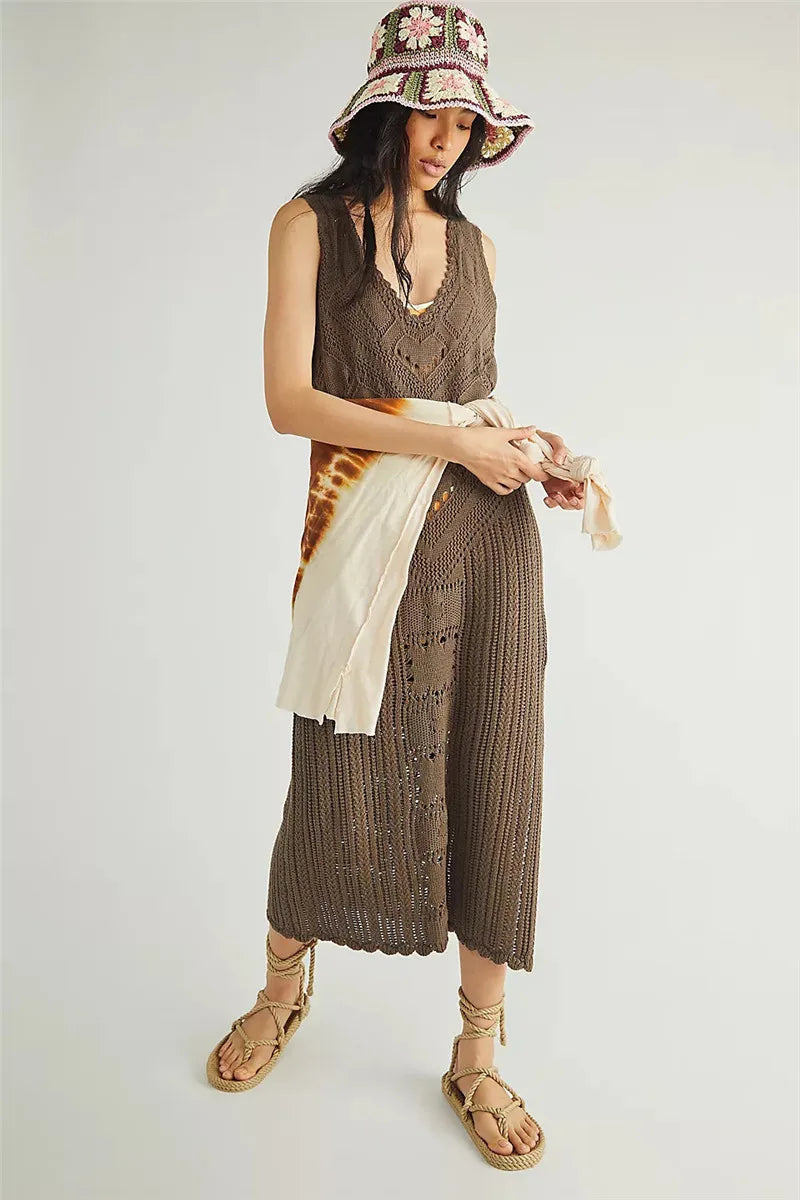 Robe femme midi – Coupe décontractée – Maille aérée – Fente côté – Col en V