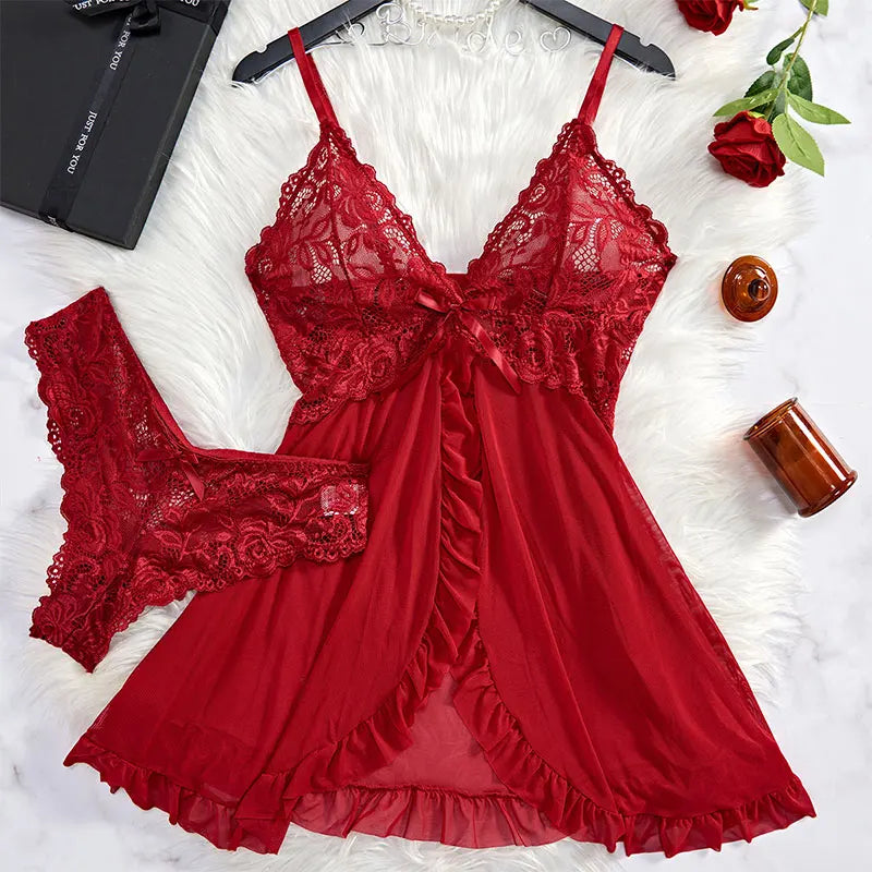 Ensemble de lingerie pour femmes – Dentelle délicate – Bretelles fines – Tissu léger respirant – Ourlet volanté