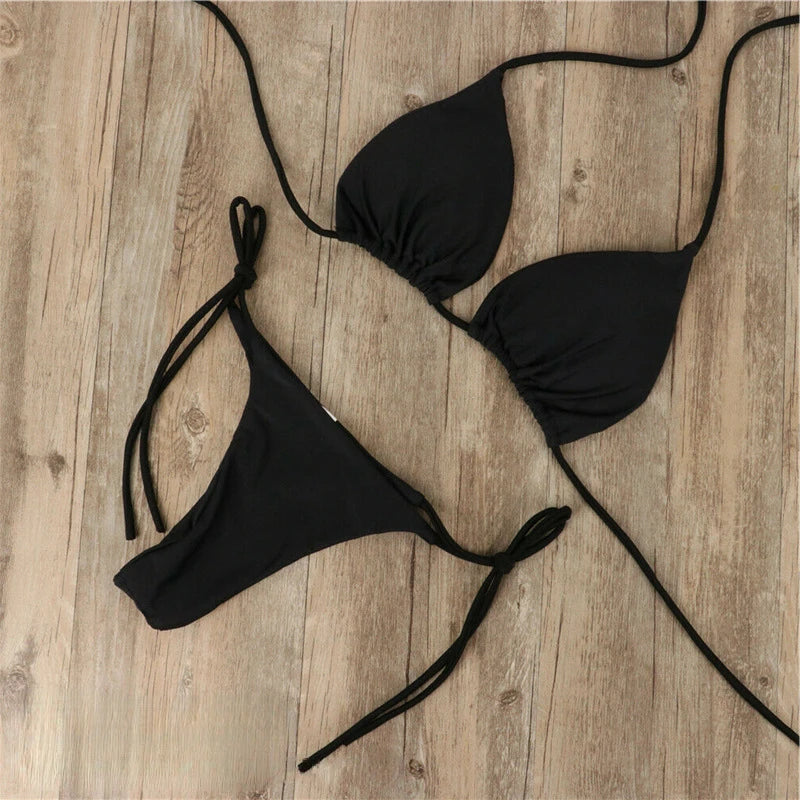 Bikini femme – Coupe slim – Haut triangle à liens réglables – Bas taille basse