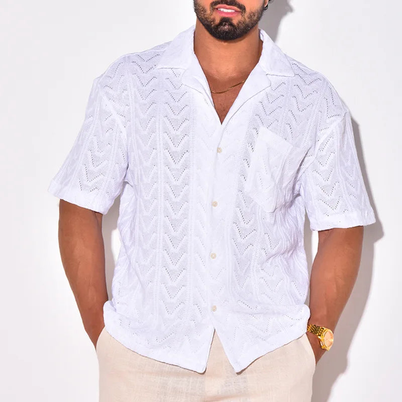 Chemise homme en maille – Coupe décontractée – Manches courtes – Col casual – Poche poitrine